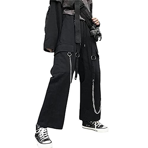 LKHJ Schwarze Ladungshose Männer Streetwear Baumwolle Hip Hop Wide Hose mit Kette Baggy Vintage Punk Harem Hosen Elastische Taille Emo Pants-Schwarz_L. von Left Girl