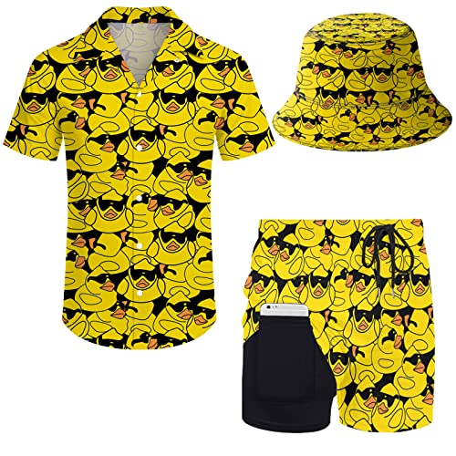 LKHVGY Herren 2-teiliges Hawaii-Trainingsanzug-Set mit Button-Down-Shirt und Kompressionsfutter, Shorts, Set mit Eimerhüten, Sonnenbrille, Gummiente, M von LKHVGY