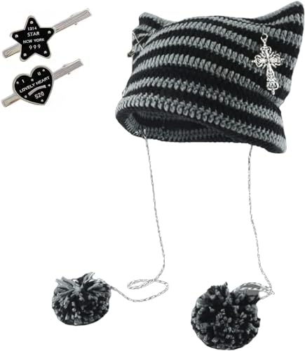 LKIQTU Y2k Beanie, Lustige Cat Beanie, Katzen Mütze mit Ohren, Katzenohren Strickmützen, Cat Ear Beanie, Hat Striped Crochet Slouchy Hat Winter Warm Knitted Alt Headwear (Black+Grey,One Size) von LKIQTU