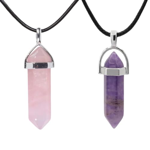 2 Stück Obelisk Edelsteinkette, Anhänger, Kristall kette, Halskette,Amethyst, Rosenquarz,Naturstein,Kristalle Heilkristall,edelstein kette,Sechseckige Kristall Anhänger mit Ketten 2 Stück Obelisk Edelsteinkette, Anhänger, Kristall kette, Halskette,Amethyst, Rosenquarz,Naturstein,Kristalle Heilkristall,edelstein kette,Sechseckige Kristall Anhänger mit Ketten von LKJAUOZ