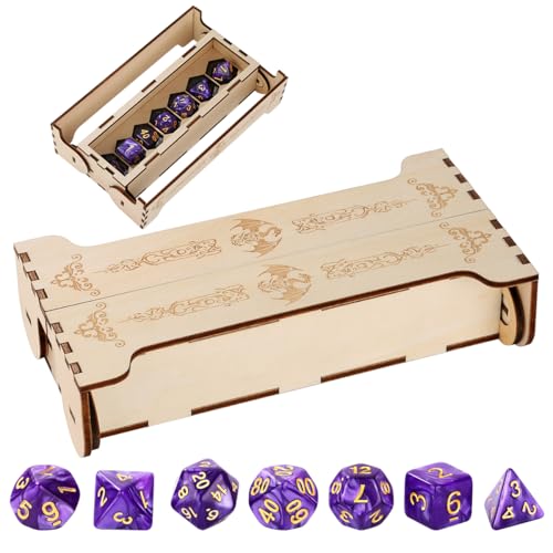LKKCHER DESIGN D&D Würfel Box, 7 Lila Polyedrische Würfel, Fantasy Flugsaurier Aufbewahrungsbox, Holz Brettspiel Behälter, Rollenspiele Zubehör, Tischspiele Würfeletui, Geschenkset für DND Gamer von LKKCHER DESIGN