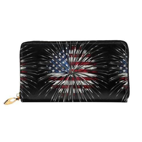 LKLDDPZB Amerikanische Flagge, Feuerwerk-Druck, lange Leder-Clutch, modisch, schick und langlebig, mit doppelseitigem Druckdesign, Schwarz , Einheitsgröße von LKLDDPZB