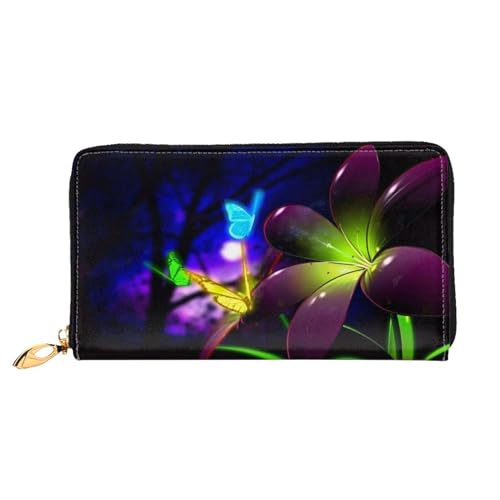 LKLDDPZB Blaue lila Blume Schmetterling Druck Lange Leder Clutch Geldbörse - Modisch Chic und Langlebig Geldbörse mit doppelseitig bedrucktem Design, Schwarz , Einheitsgröße von LKLDDPZB