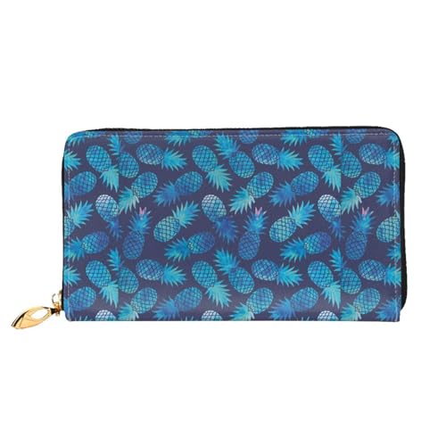 LKLDDPZB Blauer Ananas-Druck, lange Leder-Clutch-Geldbörse, modisch schick und langlebig, mit doppelseitigem Druckdesign, Schwarz , Einheitsgröße von LKLDDPZB