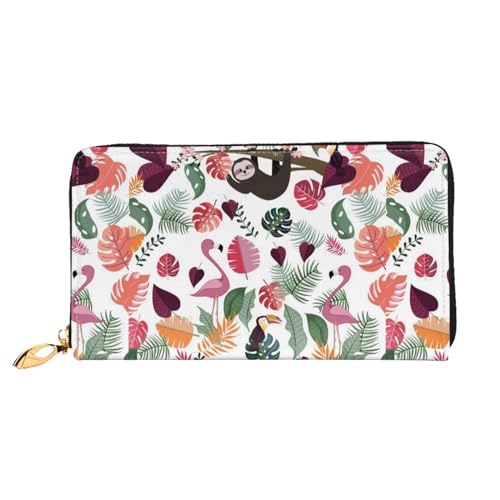 LKLDDPZB Faultier in Pink Tropical Leaf Print Long Leather Clutch Wallet - Modisch schick und langlebig Geldbörse mit doppelseitig bedrucktem Design, Schwarz , Einheitsgröße von LKLDDPZB