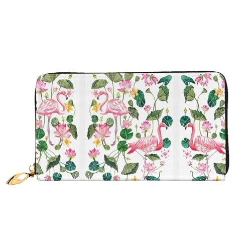 LKLDDPZB Flamingo Bird Round Leaves Print Long Leather Clutch Wallet - Modisch schick und langlebig Geldbörse mit doppelseitig bedrucktem Design, Schwarz , Einheitsgröße von LKLDDPZB