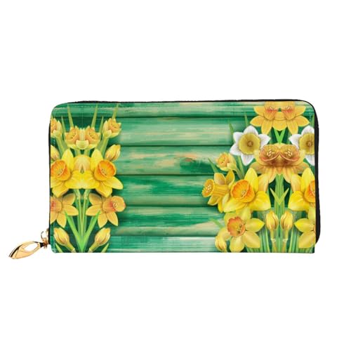 LKLDDPZB Gelbe Narzissen-Blumen-Druck, lange Leder-Clutch-Geldbörse, modisch schick und langlebig, mit doppelseitigem Druckdesign, Schwarz , Einheitsgröße von LKLDDPZB