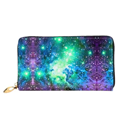 LKLDDPZB Grüne blaue lila Galaxie-Druck lange Leder Clutch Geldbörse – modisch schick und langlebig Geldbörse mit doppelseitig bedrucktem Design, Schwarz , Einheitsgröße von LKLDDPZB