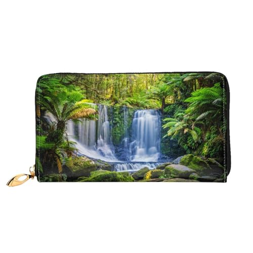 LKLDDPZB Grüne tropische Pflanzen und Wasserfall-Druck, lange Leder-Clutch-Geldbörse, modisch schick und langlebig, mit doppelseitigem Druckdesign, Schwarz , Einheitsgröße von LKLDDPZB