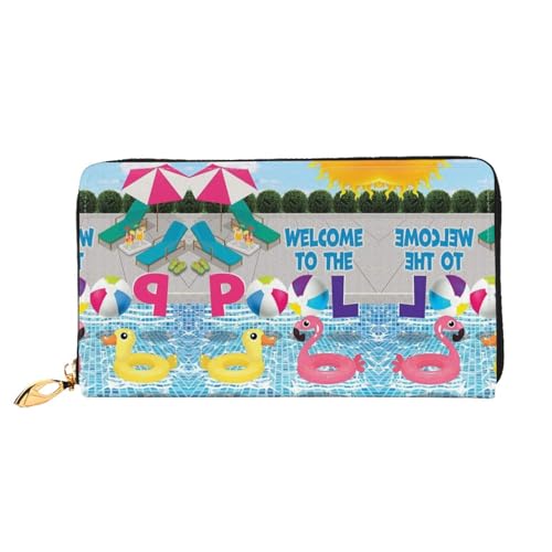 LKLDDPZB Lange Clutch aus Leder mit Flamingo- und Schwimmbad-Druck – modisch schick und langlebig, mit doppelseitig bedrucktem Design, Schwarz , Einheitsgröße von LKLDDPZB