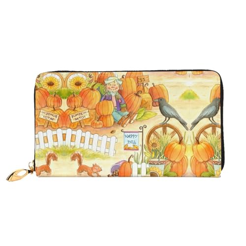 LKLDDPZB Lange Clutch aus Leder mit Sonnenblumen-Motiv, Motiv: Herbst-Sonnenblumen, Kürbisse, modisch, schick und langlebig, mit doppelseitigem Druckdesign, Schwarz , Einheitsgröße von LKLDDPZB