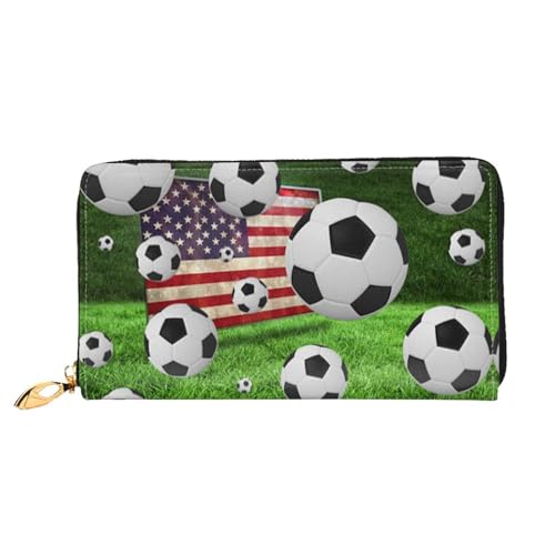 LKLDDPZB Lange Leder-Clutch-Geldbörse mit Fußball-USA-Flagge, modisch schick und langlebig, mit doppelseitigem Druckdesign, Schwarz , Einheitsgröße von LKLDDPZB