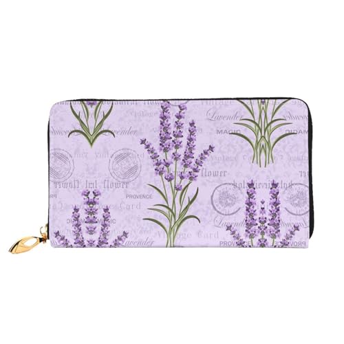 LKLDDPZB Lange Leder-Clutch-Geldbörse mit Lavendel-Stempeldruck – modisch schick und langlebig, mit doppelseitig bedrucktem Design, Schwarz , Einheitsgröße von LKLDDPZB