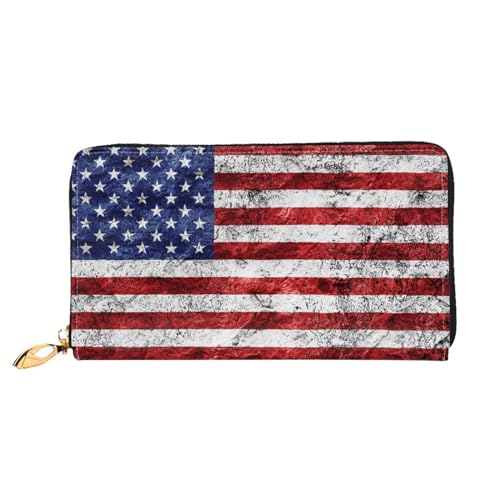 LKLDDPZB Lange Leder-Clutch-Geldbörse mit amerikanischer Flagge, Unabhängigkeits-Motiv, bedruckt, modisch, schick und langlebig, mit doppelseitigem Druckdesign, Schwarz , Einheitsgröße von LKLDDPZB