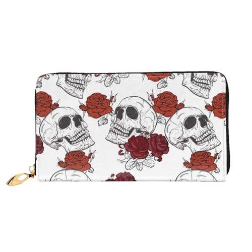 LKLDDPZB Lange Leder-Clutch-Geldbörse mit floralem Totenkopf-Druck, modisch schick und langlebig, mit doppelseitigem Druckdesign, Schwarz , Einheitsgröße von LKLDDPZB