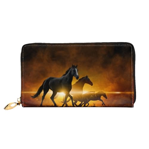 LKLDDPZB Pferde rot leuchtende Wolken Druck Lange Leder Clutch Geldbörse - Modisch schick und langlebig Geldbörse mit doppelseitig bedrucktem Design, Schwarz , Einheitsgröße von LKLDDPZB