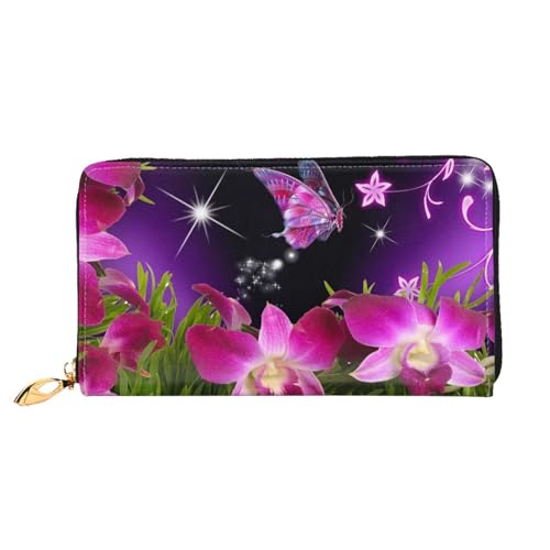 LKLDDPZB Rosa Blume und Schmetterling Druck Lange Leder Clutch Geldbörse - Modisch Chic und Langlebig Geldbörse mit doppelseitig bedrucktem Design, Schwarz , Einheitsgröße von LKLDDPZB