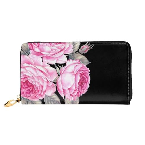 LKLDDPZB Rosa Blumen Druck Lange Leder Clutch Geldbörse - Modisch Chic und Langlebig Geldbörse mit doppelseitig bedrucktem Design, Schwarz , Einheitsgröße von LKLDDPZB