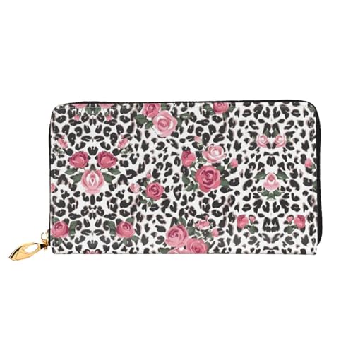 LKLDDPZB Rosa süße Rose Mix Leopard Muster Druck Lange Leder Clutch Geldbörse - Modisch Chic und Langlebig Geldbörse mit doppelseitig bedrucktem Design, Schwarz , Einheitsgröße von LKLDDPZB