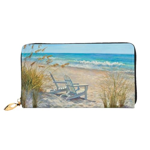 LKLDDPZB Strandszene mit Stühlen-Druck, lange Leder-Clutch-Geldbörse, modisch schick und langlebig, mit doppelseitig bedrucktem Design, Schwarz , Einheitsgröße von LKLDDPZB