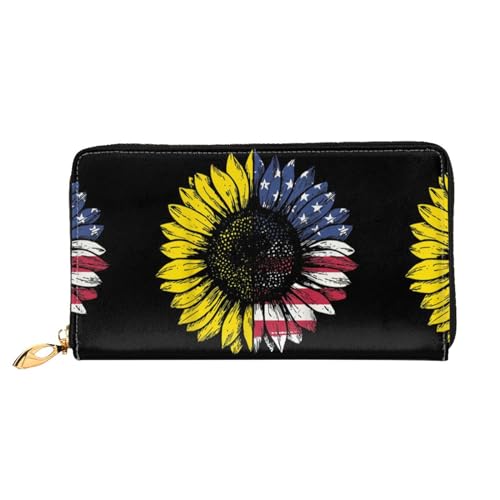 LKLDDPZB Sunflower American Flag Print Long Leather Clutch Wallet - Modisch schick und langlebig Geldbörse mit doppelseitig bedrucktem Design, Schwarz , Einheitsgröße von LKLDDPZB