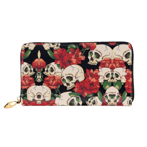 LKLDDPZB Totenkopf Rose Rot Druck Lange Leder Clutch Geldbörse - Modisch Chic und Langlebig Geldbörse mit doppelseitig bedrucktem Design, Schwarz , Einheitsgröße von LKLDDPZB