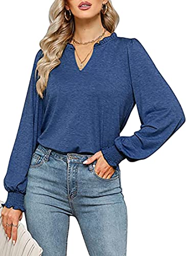 LKNBLIL Damen Bluse V Ausschnitt Volant Ärmel Oberteil Elegant Langarmshirts Hemd Tunika Tops von LKNBLIL