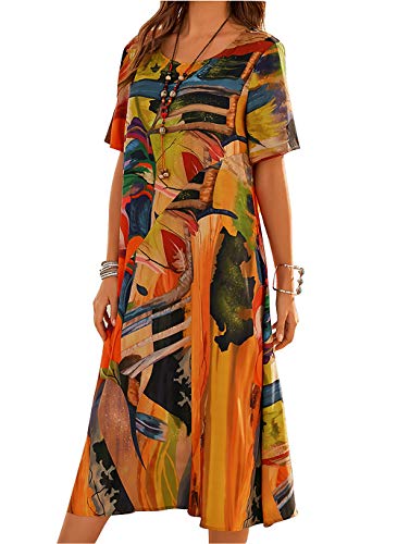 LKNBLIL Damen Sommer Freizeit Blumenmuster Rundhalsausschnitt Strand Boho Maxi Kleid (M, Braun) von LKNBLIL