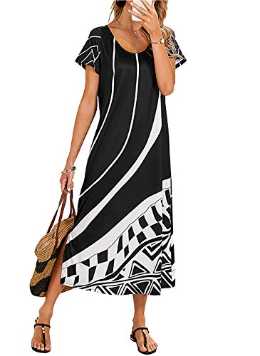 LKNBLIL Damen Sommer Freizeit Blumenmuster Rundhalsausschnitt Strand Boho Maxi Kleid (M, Schwarz) von LKNBLIL