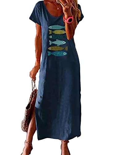 LKNBLIL Damen Sommer Freizeit Blumenmuster Rundhalsausschnitt Strand Boho Maxi Kleid (S, Blau) von LKNBLIL