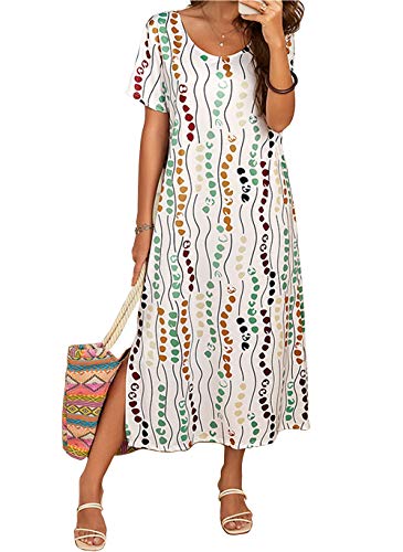 LKNBLIL Damen Sommer Freizeit Blumenmuster Rundhalsausschnitt Strand Boho Maxi Kleid (S, Weiß) von LKNBLIL