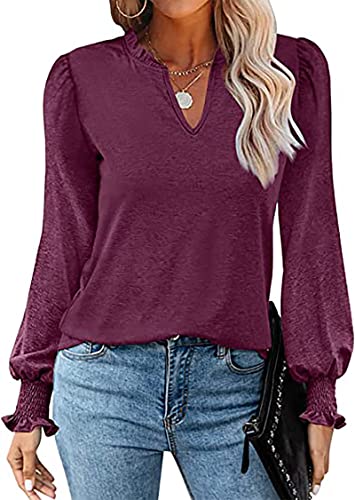 LKNBLIL Langarm-T-Shirt mit V-Ausschnitt, lässiger Stil, Blumenmuster, Tunika, Bluse, Henley für Damen, fuchsia, 36 von LKNBLIL