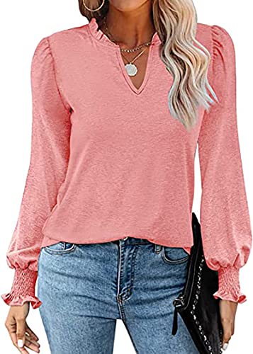 LKNBLIL Langarm-T-Shirt mit V-Ausschnitt, lässiger Stil, Blumenmuster, Tunika, Bluse, Henley für Damen, korallenrot, 38 von LKNBLIL