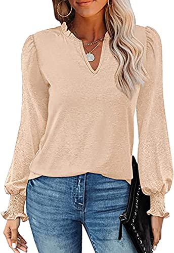 Langarm-T-Shirt mit V-Ausschnitt, lässiger Stil, Blumenmuster, Tunika, Bluse, Henley für Damen, beige, 46 von LKNBLIL