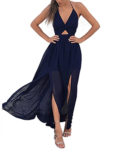 LKOUS Sexy ärmelloses V-Ausschnitt Split langes Strandkleid Blumendruck Bodycon Maxikleid - Blau - Mittel von LKOUS