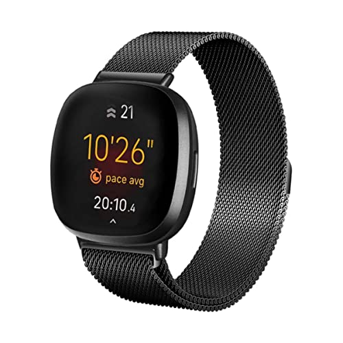 LKTM Edelstahl Mesh Uhrenarmband Kompatibel mit Fitbit Versa 2 Armband Fitbit Versa Armband für Damen Herren,Metal Sport Magnetverschluss Ersatzarmband für Fitbit Versa Lite/Versa SE (Schwarz,L) von LKTM