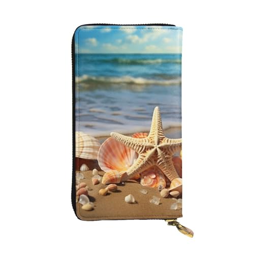 LKTPSKQRY Damen-Geldbörse, Leder, schmal, lang, Kartenhalter, Reißverschluss, Clutch, Muscheln am Sandstrand, Reisebrieftasche von LKTPSKQRY