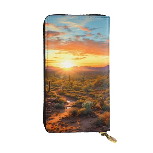 LKTPSKQRY Damen-Geldbörse, Leder, schmal, lang, Kartenhalter, Reißverschluss, Clutch, Saguaros bei Sonnenuntergang, Reisebrieftasche von LKTPSKQRY