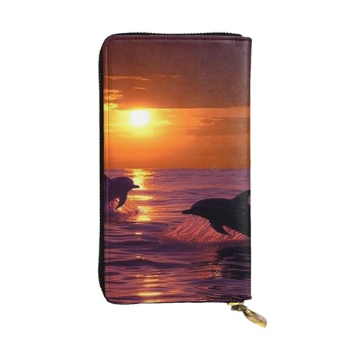 LKTPSKQRY Damen-Geldbörse, Leder, schmal, lang, Kartenhalter, Reißverschluss, Clutch, Sonnenuntergang, Delfine, Reisegeldbörse von LKTPSKQRY