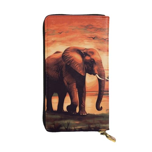 LKTPSKQRY Damen-Geldbörse, Leder, schmal, lang, Kartenhalter, Reißverschluss, Clutch, Sonnenuntergang, Elefant, Reisegeldbörse von LKTPSKQRY