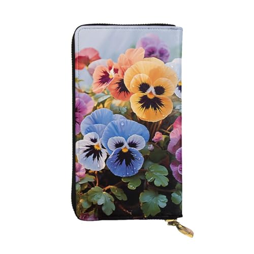 LKTPSKQRY Damen-Geldbörse, Leder, schmal, lang, Kartenhalter, Reißverschluss, Clutch, Stiefmütterchen, Blumen, Reisegeldbörse von LKTPSKQRY
