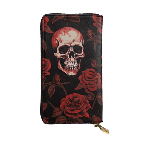 LKTPSKQRY Damen-Geldbörse, Leder, schmal, lang, Kartenhalter, Reißverschluss, Clutch, Totenkopf-Rose, Reisegeldbörse von LKTPSKQRY