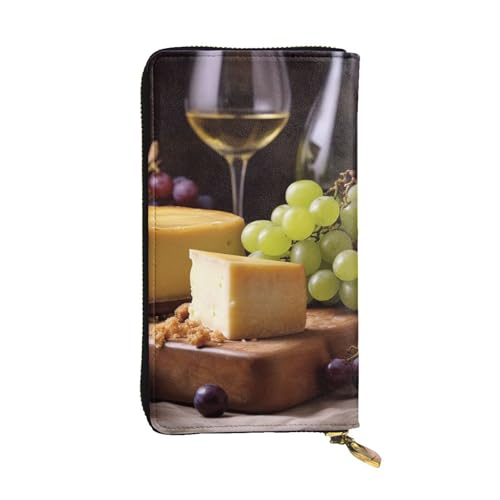 LKTPSKQRY Damen-Geldbörse, Leder, schmal, lang, Kartenhalter, Reißverschluss, Clutch, Weißwein, Käse, Kuchen, Trauben, Reisegeldbörse von LKTPSKQRY