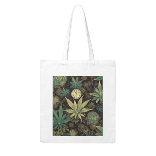 LKVNSWERT A Puff in Time Marihuana Canvas-Tragetasche für Damen, Einkaufstasche, wiederverwendbar, Schultertasche, Handtasche, A Puff in Time Weed Marihuana, One Size von LKVNSWERT