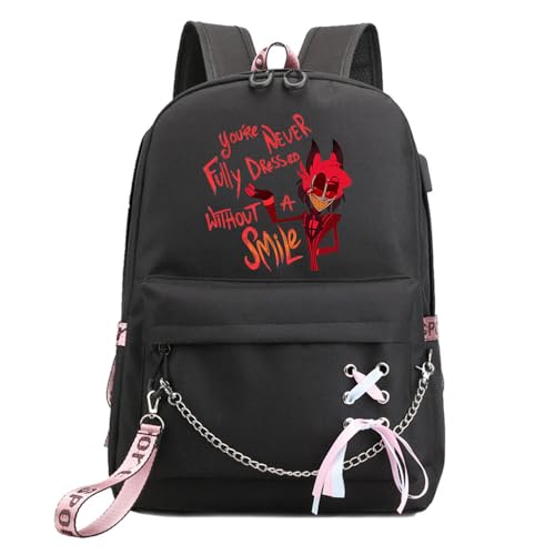 LKY STAR Anime Hazbin Hotel Rucksack für Damen Mädchen Canvas Schultasche Charlie Morningstar Vaggie School Freizeitrucksack von LKY STAR