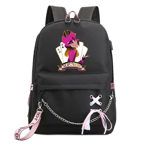 LKY STAR Anime Hazbin Hotel Rucksack für Damen Mädchen Canvas Schultasche Charlie Morningstar Vaggie School Freizeitrucksack von LKY STAR