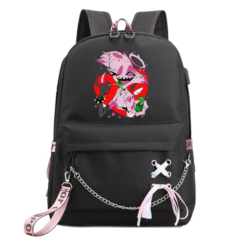 LKY STAR Anime Hazbin Hotel Rucksack für Damen Mädchen Canvas Schultasche Charlie Morningstar Vaggie School Freizeitrucksack von LKY STAR