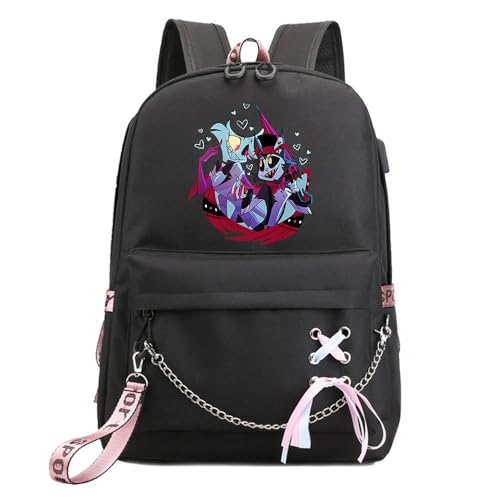 LKY STAR Anime Hazbin Hotel Rucksack für Damen Mädchen Canvas Schultasche Charlie Morningstar Vaggie School Freizeitrucksack von LKY STAR
