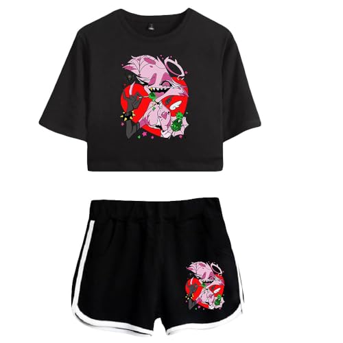 LKY STAR Anime Hazbin Hotel T-Shirts und Kurze Hose Set Charlie Morningstar Vaggie Cosplay Crop Top und Shorts 2pcs für Damen Mädchen von LKY STAR