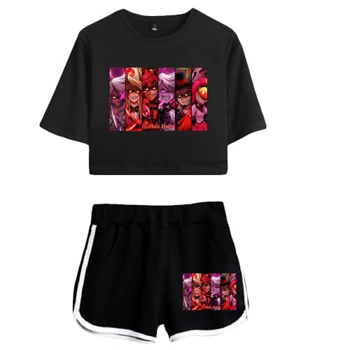 LKY STAR Anime Hazbin Hotel T-Shirts und Kurze Hose Set Charlie Morningstar Vaggie Cosplay Crop Top und Shorts 2pcs für Damen Mädchen von LKY STAR